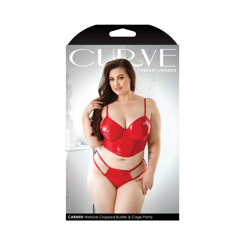 Curve Carmen Wetlook Cropped Bustier &amp; Matching Cage Panty 3X/4X Red