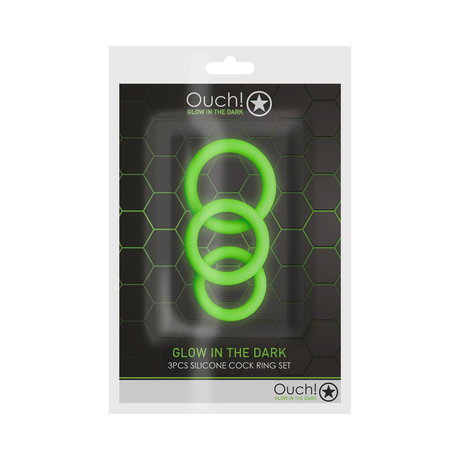 Ouch! Glow 3-piece Cock Ring Set - Glow In The Dark - Green