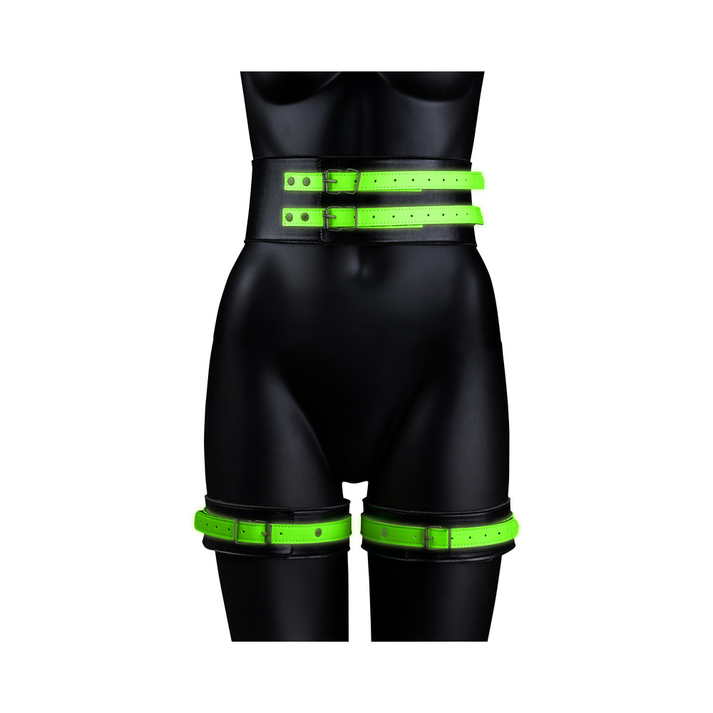 Ouch! Glow Thigh Cuffs, Hand Cuffs & Belt - Glow In The Dark - Green - S/M