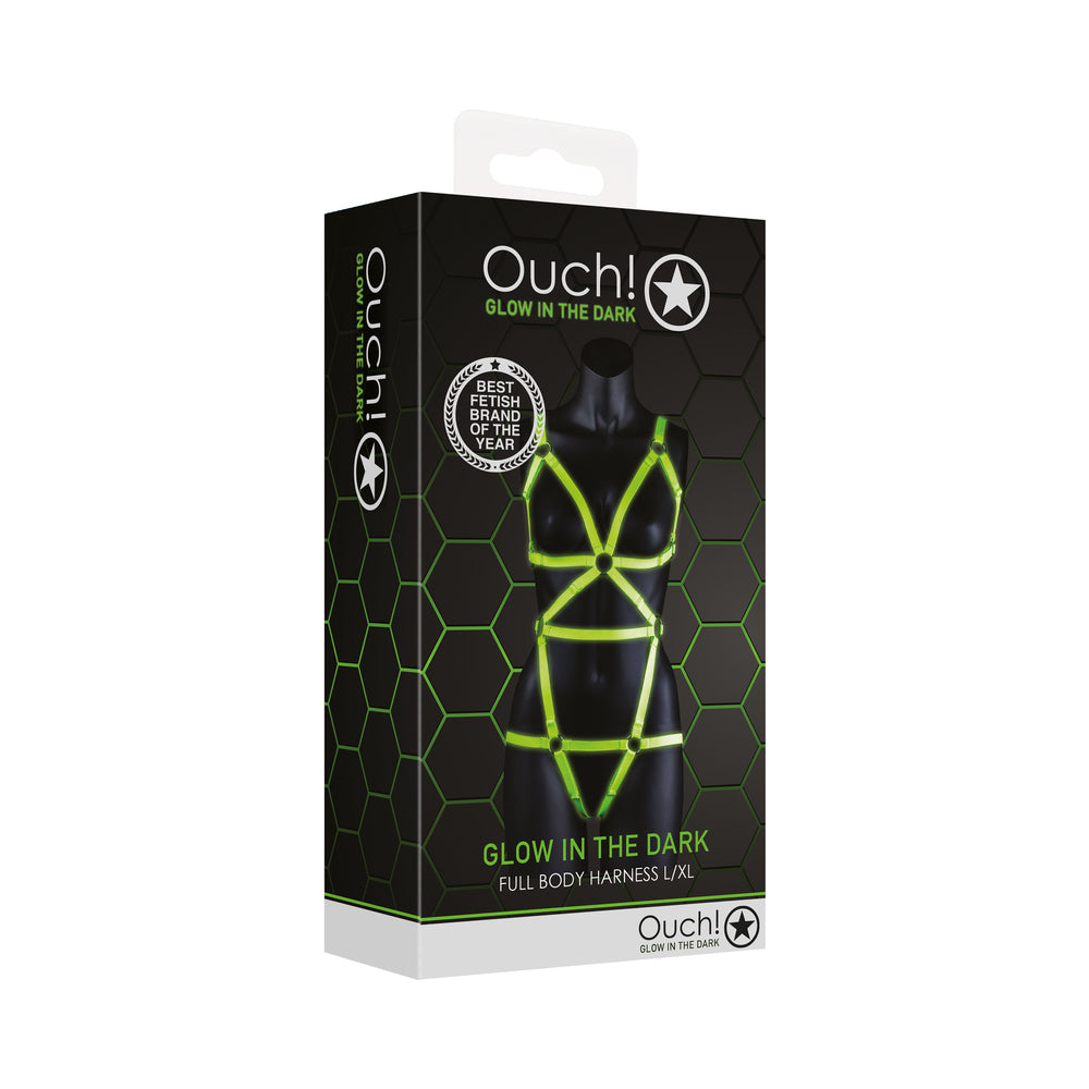 Ouch! Glow Full Body Harness - Glow In The Dark - Green - S/M