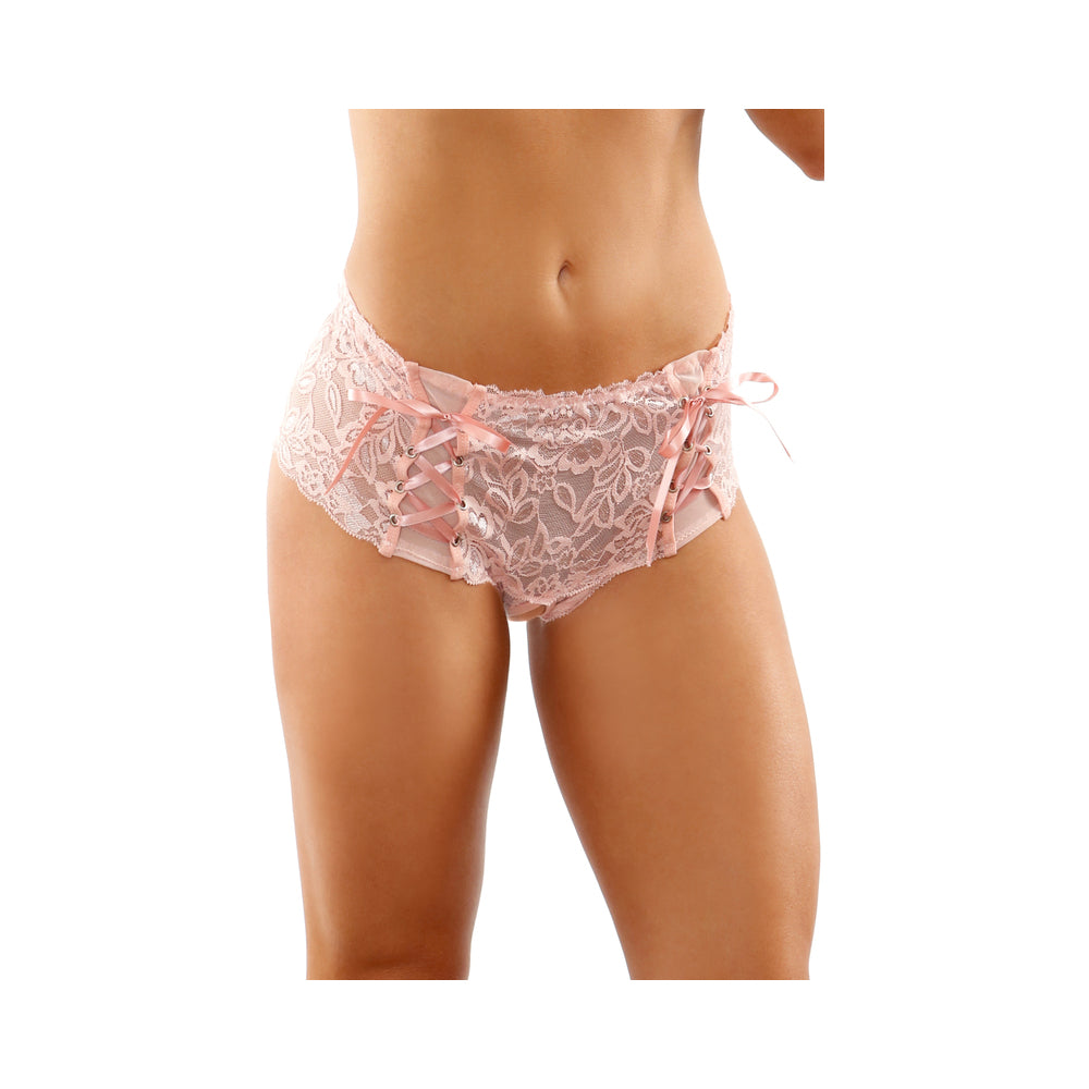 Magnolia Crotchless Lace Boyshort With Lace-up Panel Details Light Pink S/m