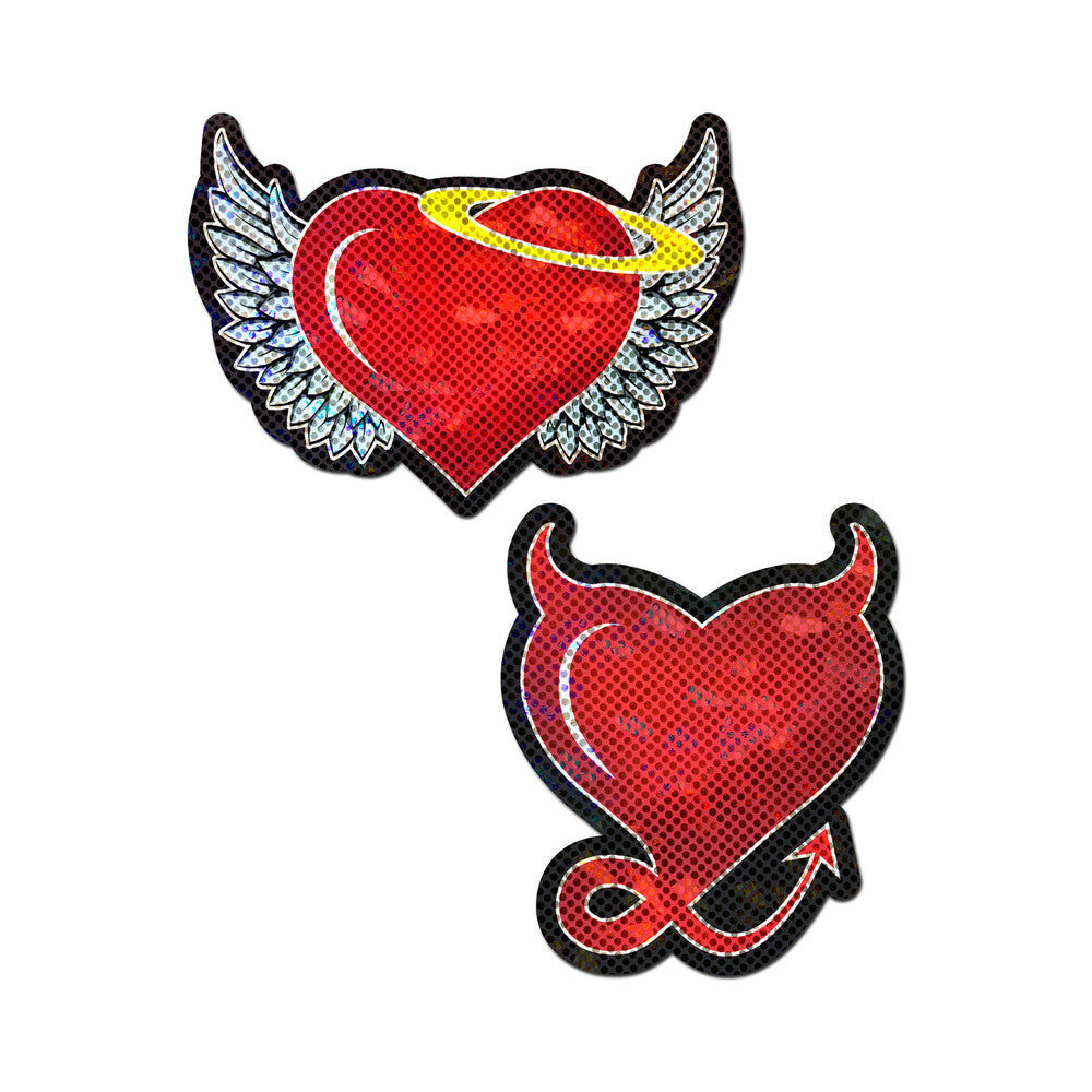 Pastease Angel &amp; Devil Heart: Red Glitter Hearts With Wings, Halo, Horns &amp; Tail Nipple Pasties
