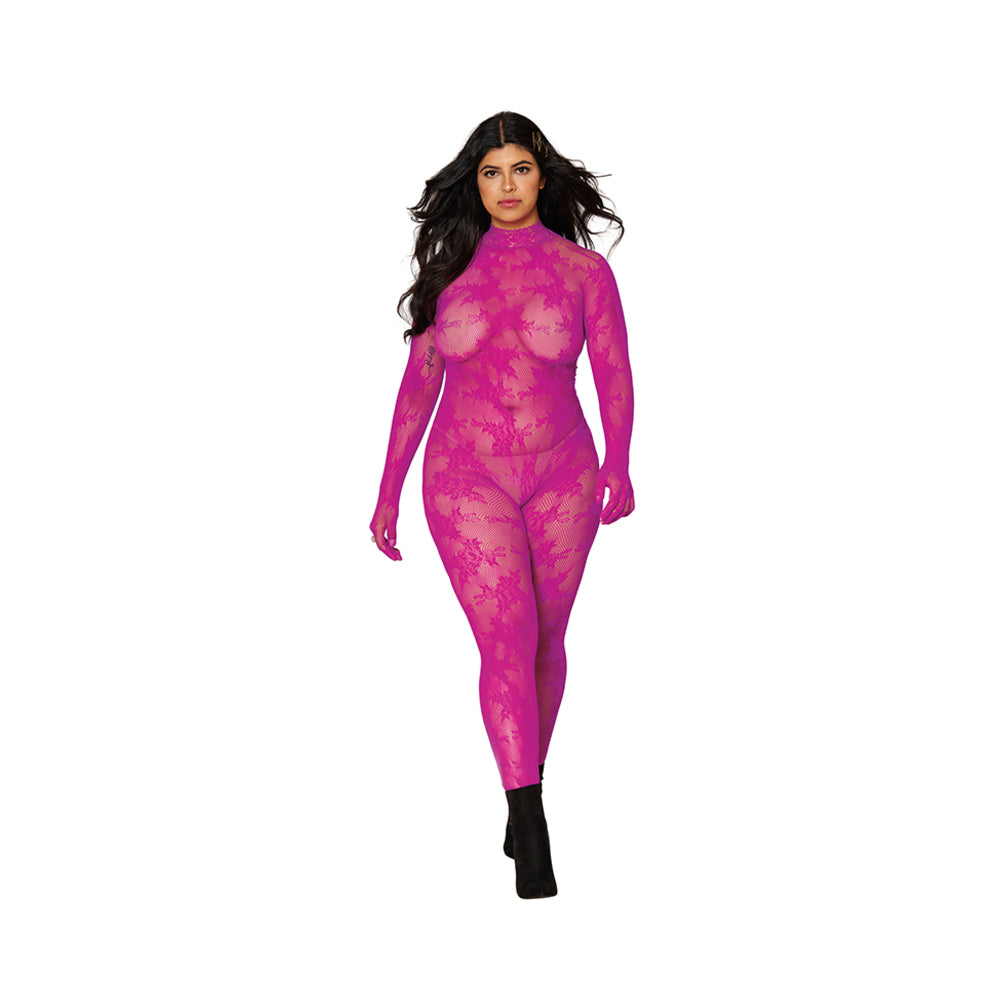 Dreamgirl Gloved Lace Bodystocking With Keyhole Back Azalea Queen Size
