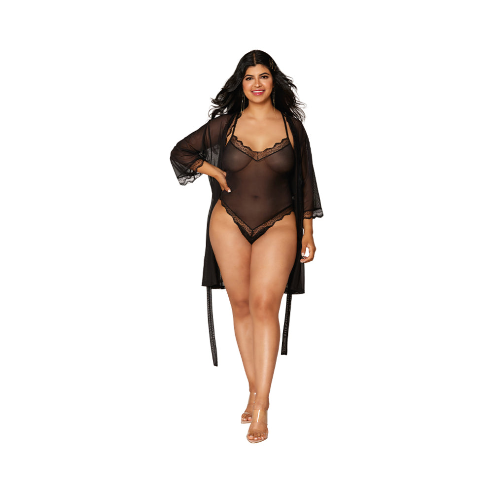 Dreamgirl Mesh Robe &amp; Strappy Back Teddy With Lace Trim Black 1Xl Hanging