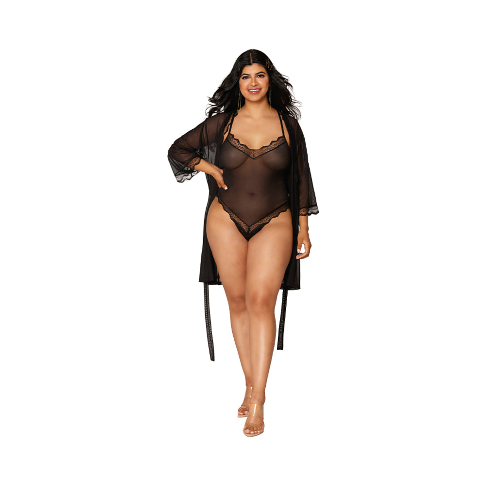 Dreamgirl Mesh Robe &amp; Strappy Back Teddy With Lace Trim Black 2xl Hanging