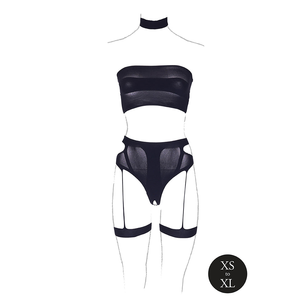 Shots Le Desir Shade Ananke Xii 3-Piece With Choker, Bandeau Top &amp; Panty With Garters Black O/S