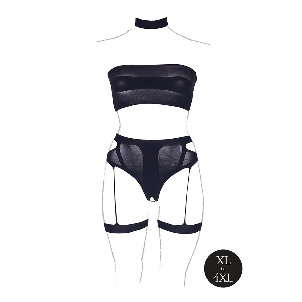 Shots Le Desir Shade Ananke Xii 3-Piece With Choker, Bandeau Top &amp; Panty With Garters Black Queen Size