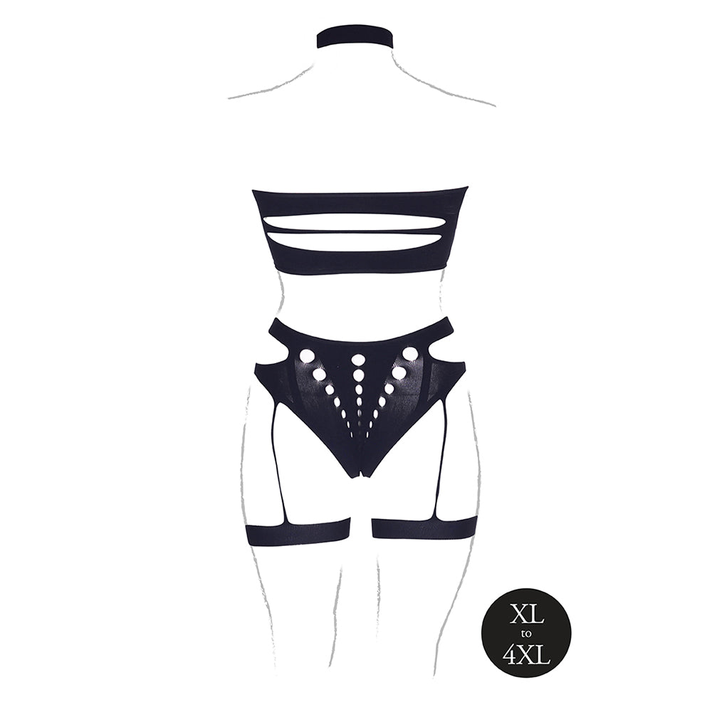 Shots Le Desir Shade Ananke Xii 3-Piece With Choker, Bandeau Top &amp; Panty With Garters Black Queen Size