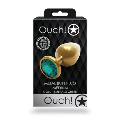 Shots Ouch! Round Gem Butt Plug Medium Gold/emerald Green