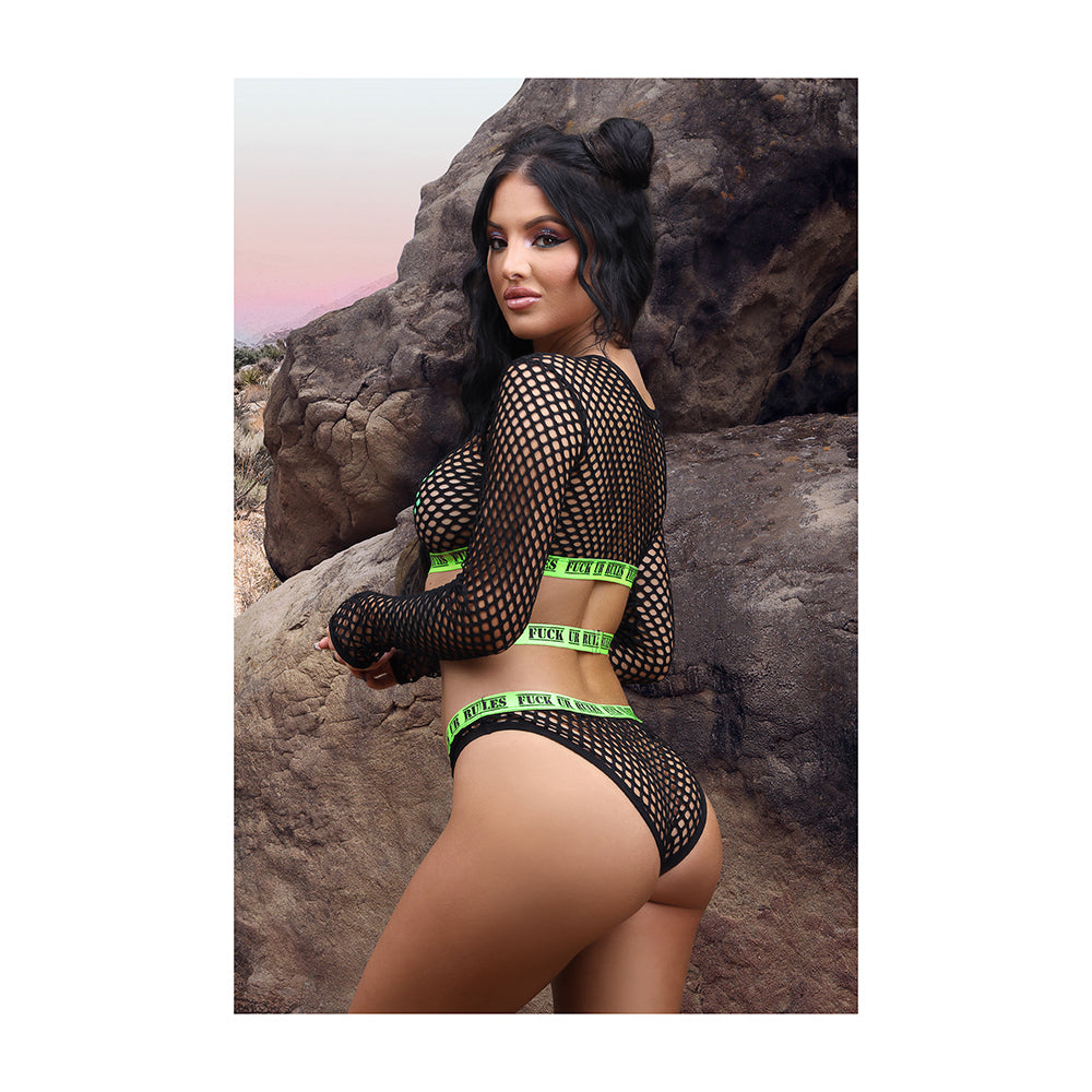 Fantasy Lingerie Vibes Fuck Ur Rules Long Sleeve Fishnet Top &amp; Panty With Uv Reactive Elastic And 1