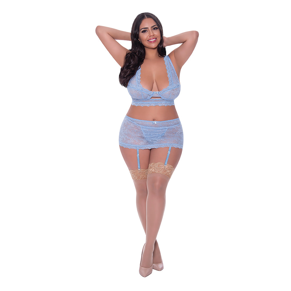 Magic Silk Ooh La Lace Bralette, Garter Skirt &amp; G-String Set Periwinkle Queen Size