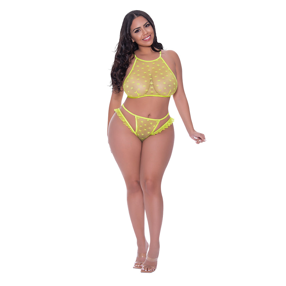 Magic Silk Love Star Halter Crop Bra &amp; Cheeky Panty Set Neon Chartreuse Queen Size