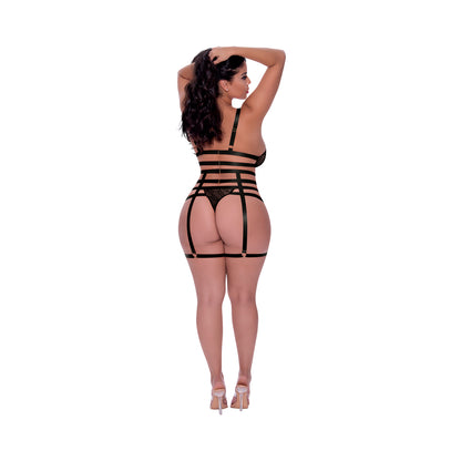 Magic Silk Rude Awakening Bralette, Thigh High Garter &amp; Cheeky Panty Set Black Queen Size
