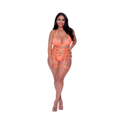 Magic Silk Rude Awakening Bralette, Thigh High Garter &amp; Cheeky Panty Set Neon Orange Queen Size
