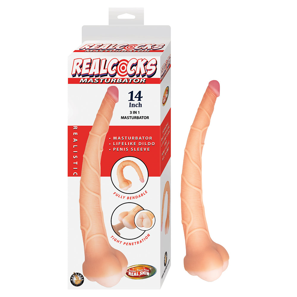 Realcocks Masturbator 14 In. 3-in-1 Dildo, Sleeve &amp; Stroker Beige