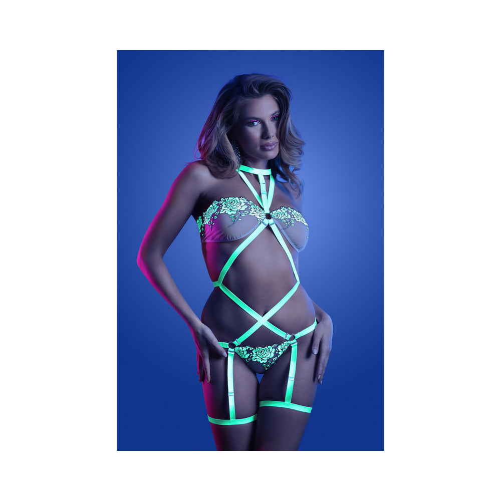 Fantasy Lingerie Glow Night Vision Glow-In-The-Dark Lace Strappy Teddy White L/Xl