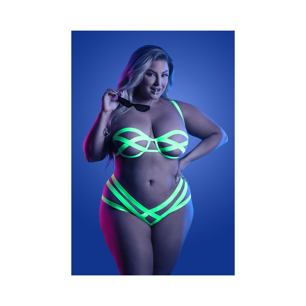 Fantasy Lingerie Glow Mirage Bandage Bra &amp; Panty Neon Lemon Queen Size