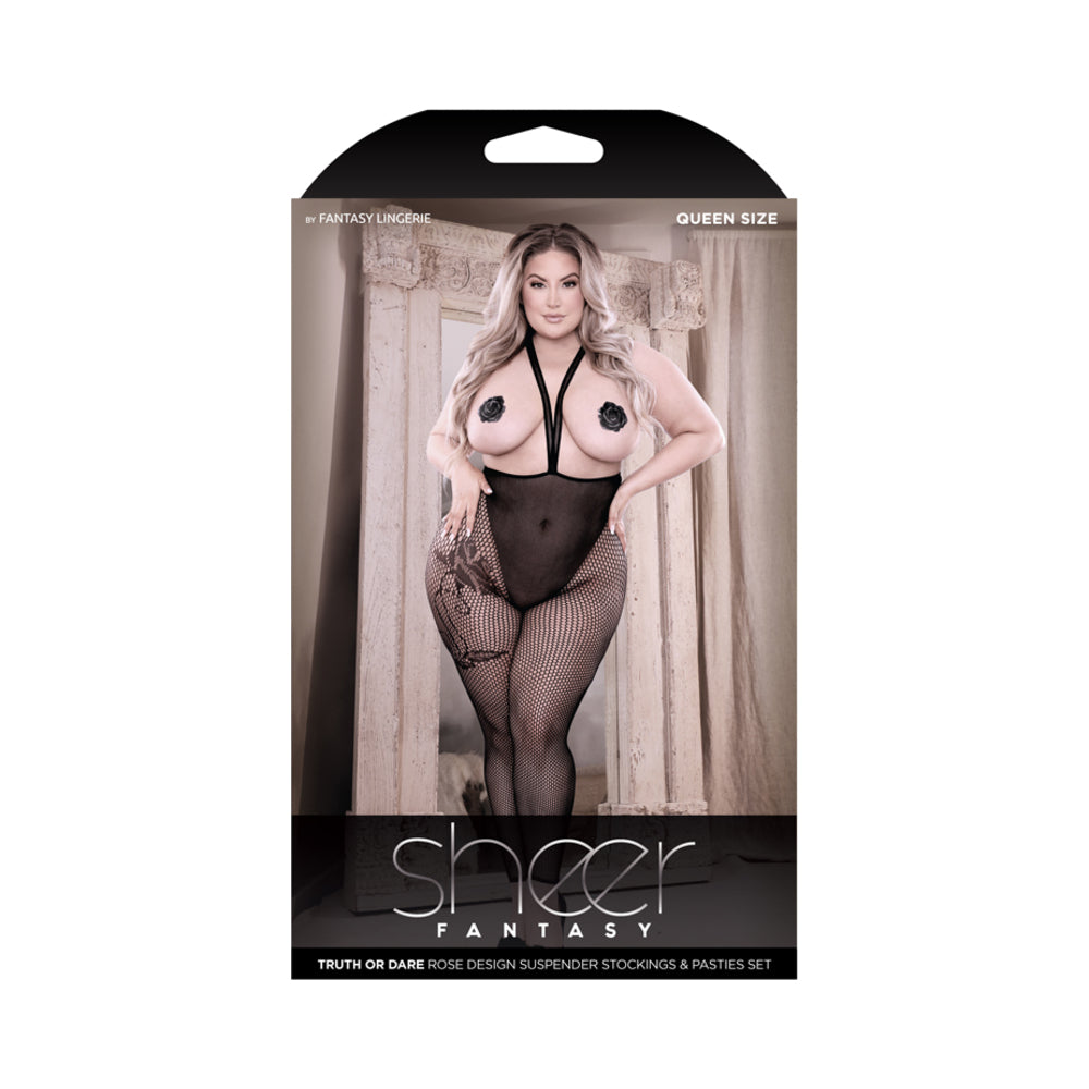 Fantasy Lingerie Sheer Truth Or Dare Rose Design Suspender Stockings &amp; Rose Pasties Set Black Queen