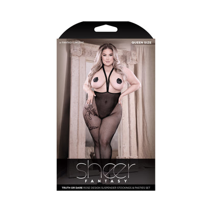 Fantasy Lingerie Sheer Truth Or Dare Rose Design Suspender Stockings &amp; Rose Pasties Set Black Queen