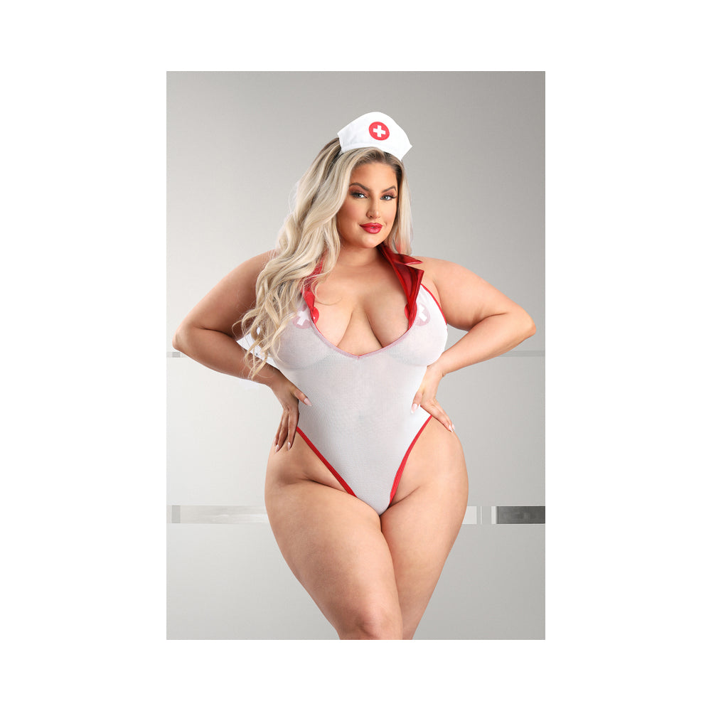 Fantasy Lingerie Play Pulse Check Collared Teddy With Open Back: Pleated Skirt: Medic Hat &amp; 1 Pair Of Pasties Costume 3Xl/4Xl
