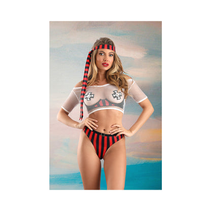 Fantasy Lingerie Play Treasured Open Cup Bra: Fishnet Top: Panty: Head Scarf &amp; 1 Pair Of Pasties Costume L/Xl