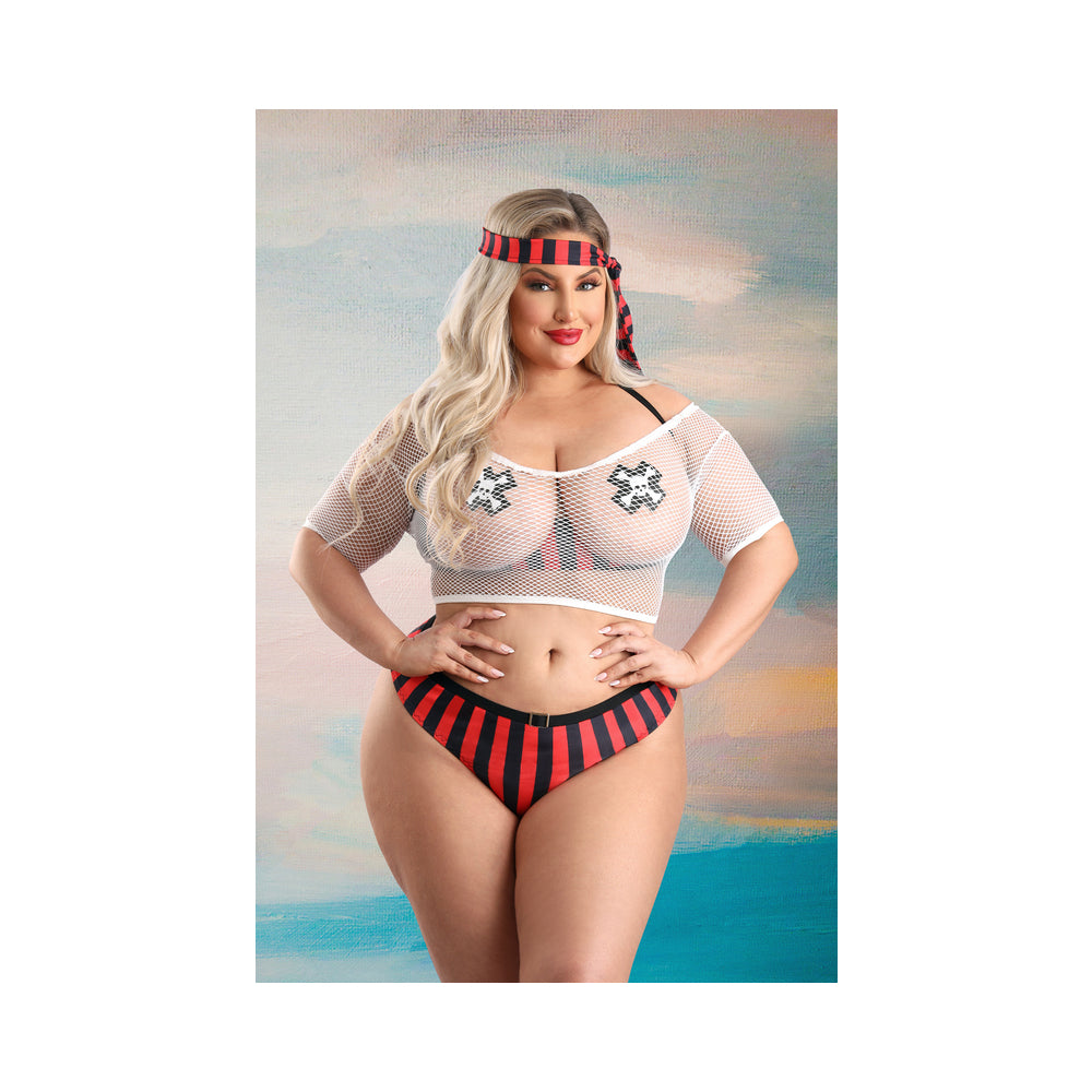 Fantasy Lingerie Play Treasured Open Cup Bra: Fishnet Top: Panty: Head Scarf &amp; 1 Pair Of Pasties Costume 1Xl/2Xl