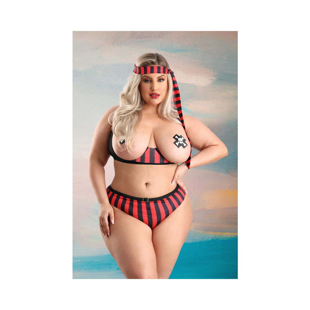 Fantasy Lingerie Play Treasured Open Cup Bra: Fishnet Top: Panty: Head Scarf &amp; 1 Pair Of Pasties Costume 1Xl/2Xl