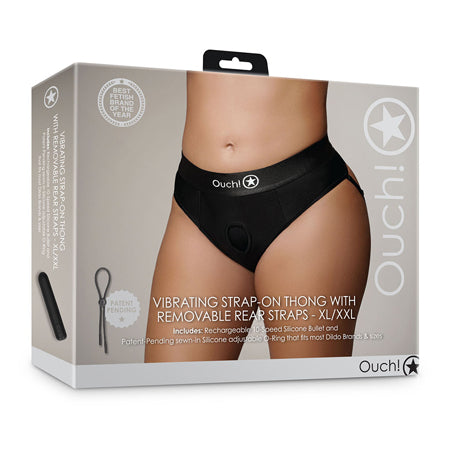 Shots Ouch Vibrating Strap On Thong w/Removable Rear Straps - Black XL/XXL