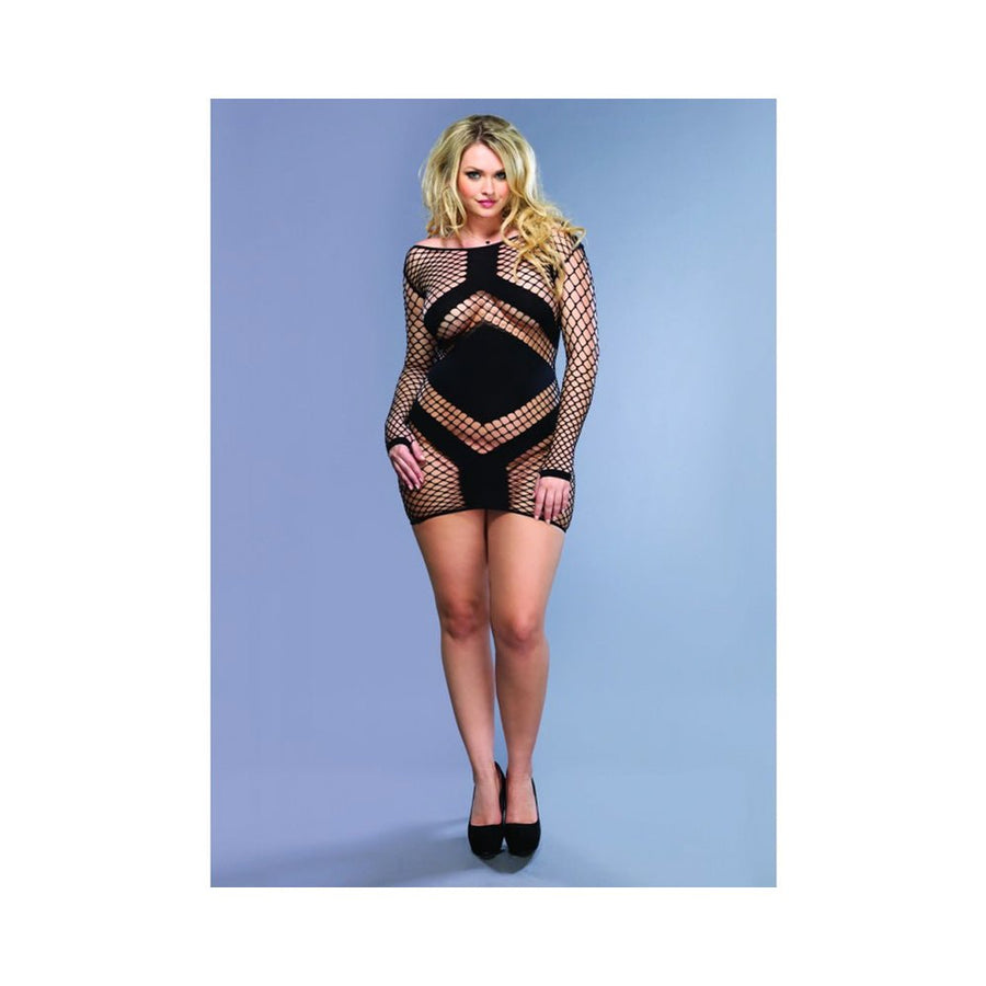 Diamond Net Long Sleeve Mini Dress Opaque Panels Plus Size Black-blank-Sexual Toys®