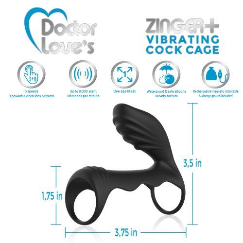 Doctor Love Zinger+ Vibrating Rechargeable Cock Cage Black-Doctor Love&