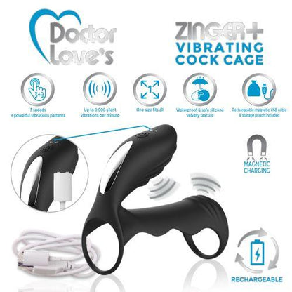 Doctor Love Zinger+ Vibrating Rechargeable Cock Cage Black-Doctor Love&