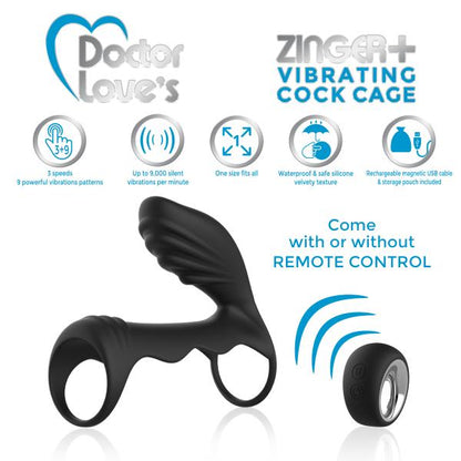 Doctor Love Zinger+ Vibrating Rechargeable Cock Cage Remote Black-Doctor Love&