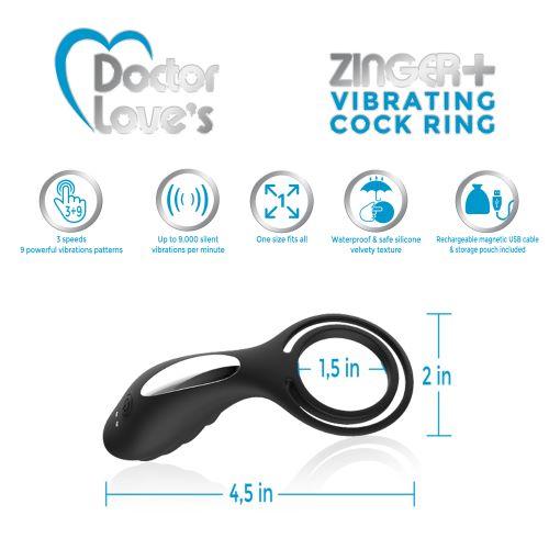 Doctor Love Zinger+ Vibrating Rechargeable Cock Ring Black-Doctor Love&