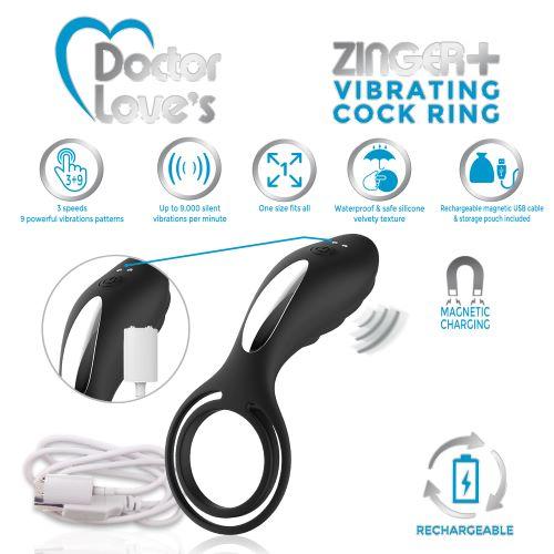 Doctor Love Zinger+ Vibrating Rechargeable Cock Ring Black-Doctor Love&