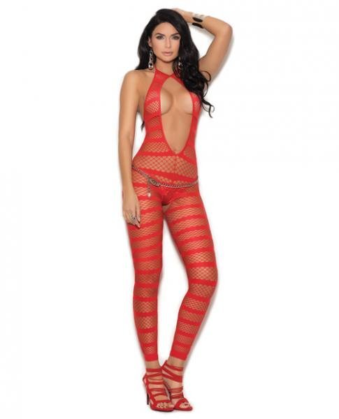 Opaque Net Striped Bodystocking Open Crotch Red O/S-Elegant Moments-Sexual Toys®