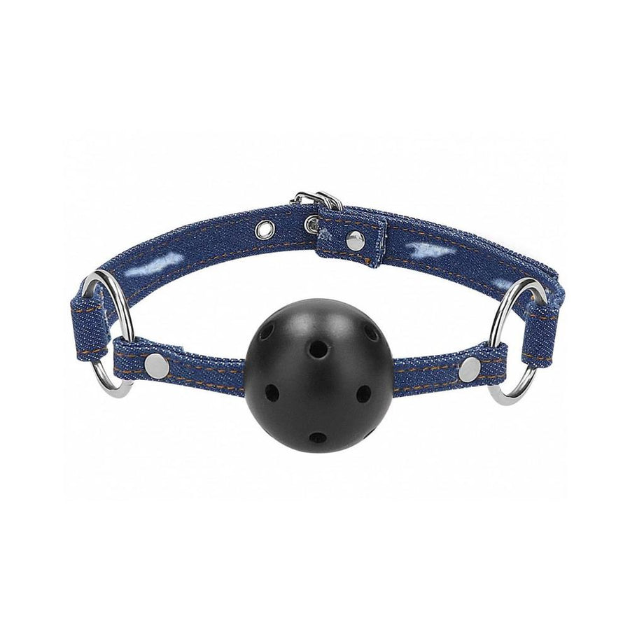 Ouch! Silicone Ball Gag - With Roughened Denim Straps - Blue-Shots-Sexual Toys®