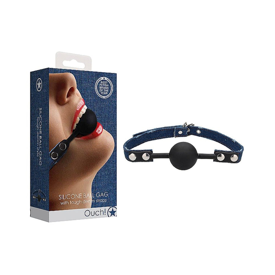 Ouch! Silicone Ball Gag - With Roughened Denim Straps - Blue-Shots-Sexual Toys®