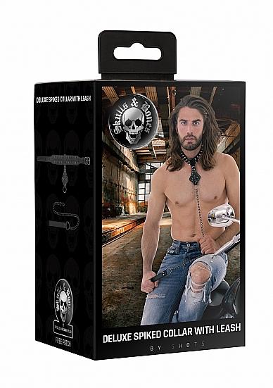 Ouch! Skulls & Bones Neck Chain With Spikes And Leash Black-Shots-Sexual Toys®
