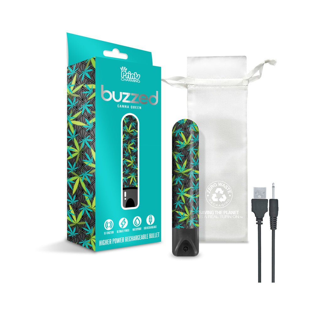 Prints Charming Buzzed Rechargeable 3.5&quot; Bullet - Canna Queen - Black-blank-Sexual Toys®