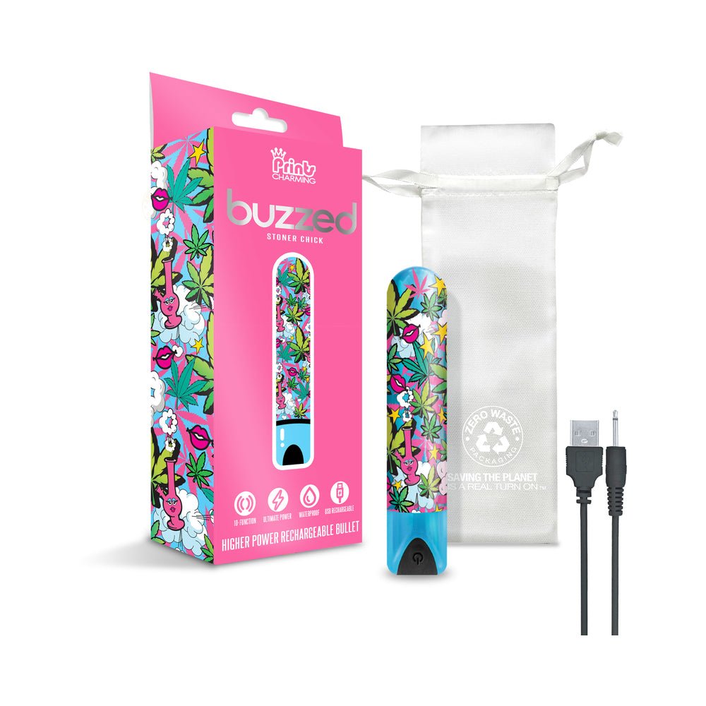 Prints Charming Buzzed Rechargeable 3.5&quot; Bullet - Stoner Chick - Blue-blank-Sexual Toys®