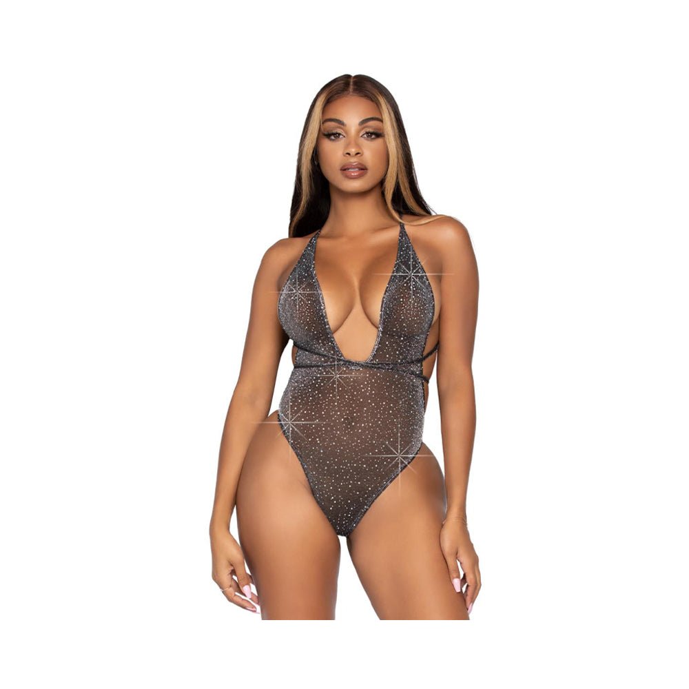 Shimmer Sheer Lunex Rhinestone Teddy, Thong Wrap Around Straps Black Os-blank-Sexual Toys®