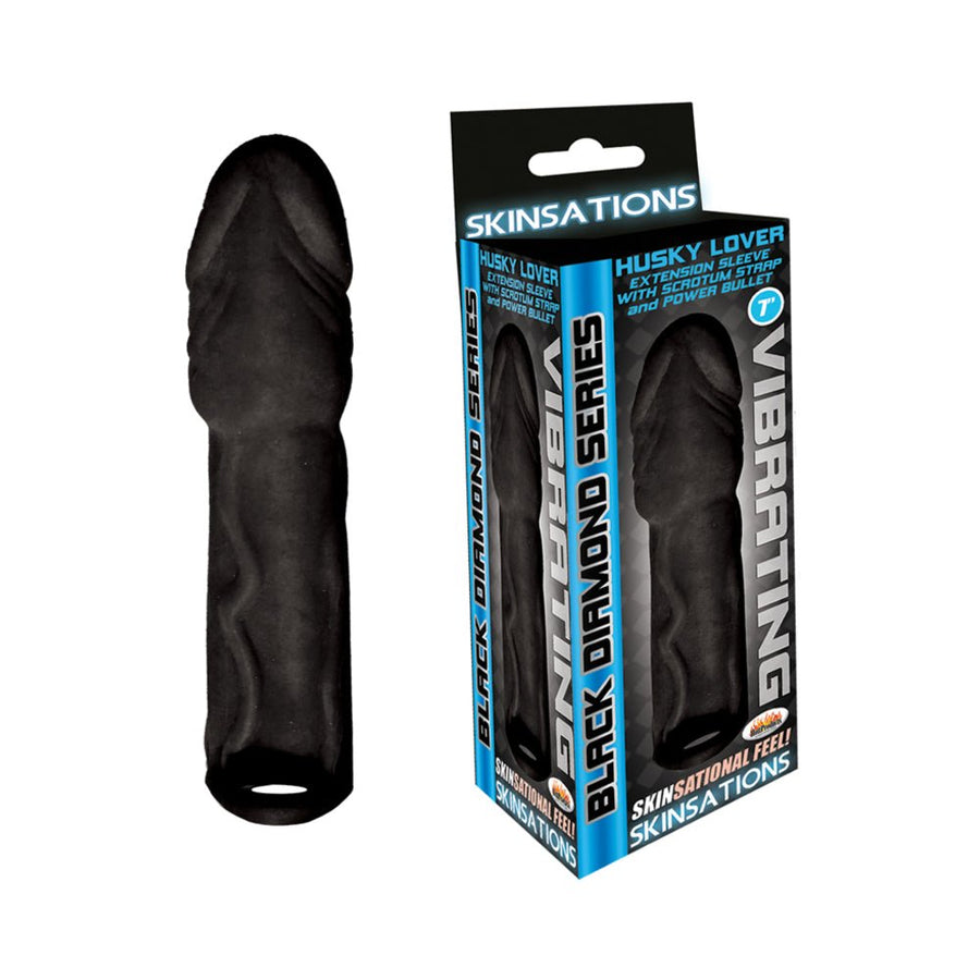 Skinsations Black Diamond Series Husky Lover Extension Sleeve With Power Bullet &amp; Scrotum Strap 7in-blank-Sexual Toys®