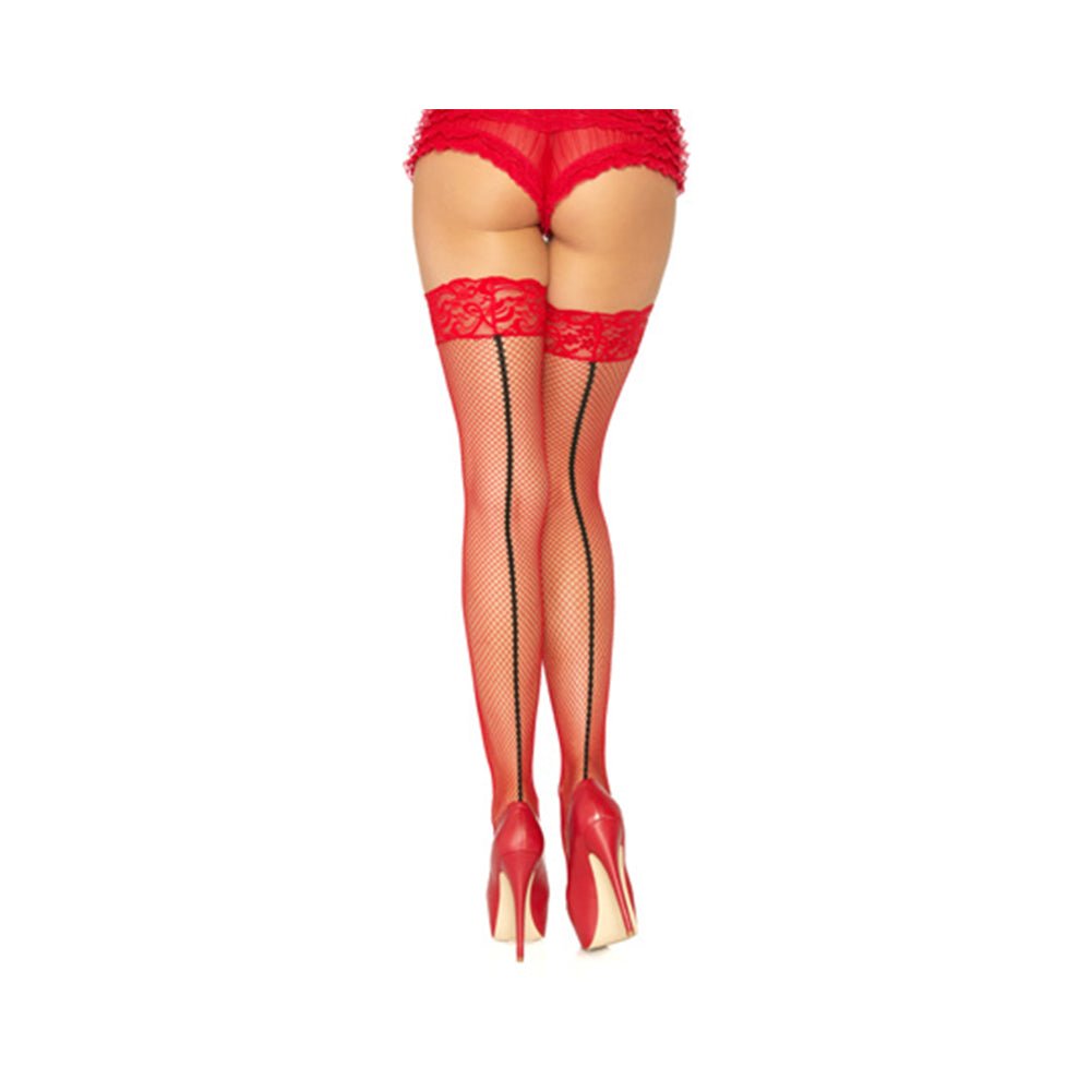 Stay Up Lace Top Back Seam Fishnet Thigh Highs Red Black O/S-Leg Avenue-Sexual Toys®