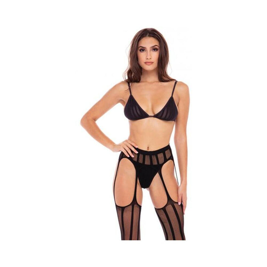 Straight Up 3-piece Sheer Striped Bra, Thong, And Garter Set Black S/m-blank-Sexual Toys®