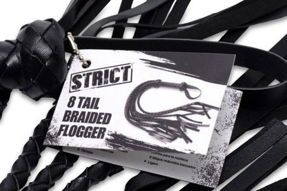 8 Tail Braided Flogger Black Leather-STRICT-Sexual Toys®